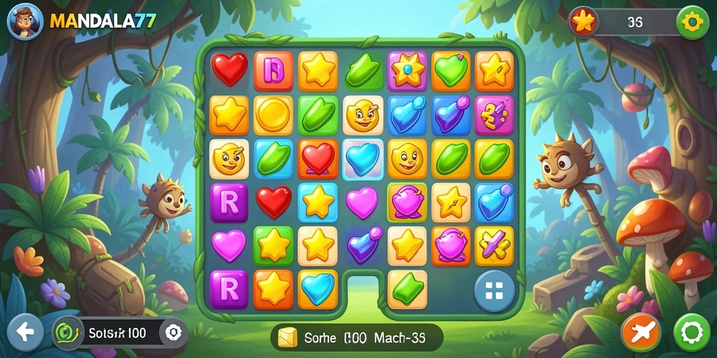 Tampilan gameplay seru MANDALA77 dengan permata berwarna-warni.