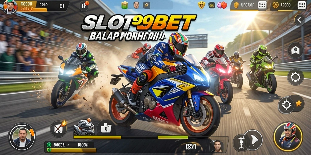 Tampilan gameplay SLOT99BET dengan balapan motor yang seru dan menegangkan.