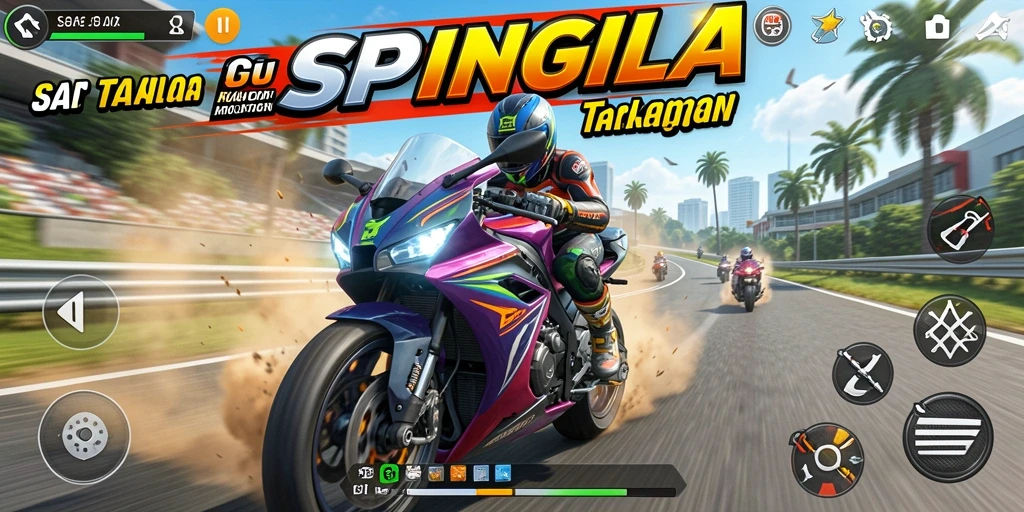 Tampilan gameplay SPINGILA dengan motor balap yang mendebarkan.